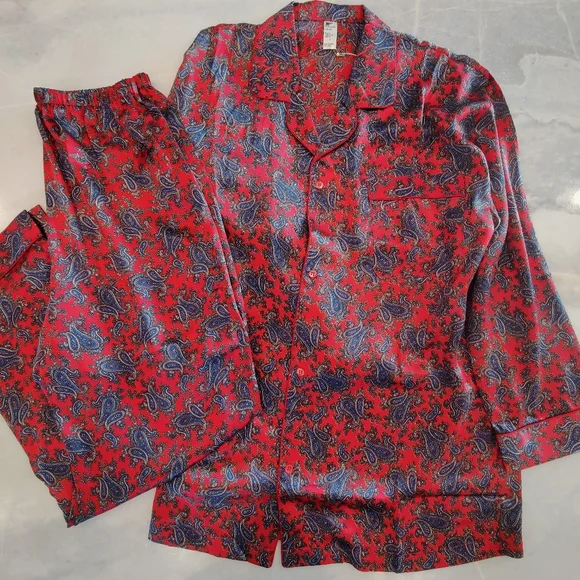 NWT 100% Silk Pajama Set- Long Sleeves + Pants | Vintage Asian Print PJ - Picture 1 of 8